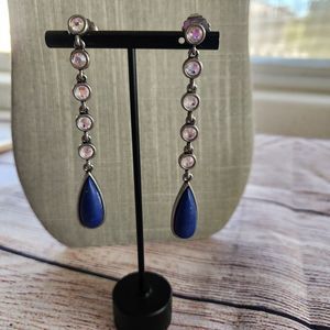 Lia Sophia "Oceane" Genuine Lapis & Cut Crystals Earrings Antique Silver Tone